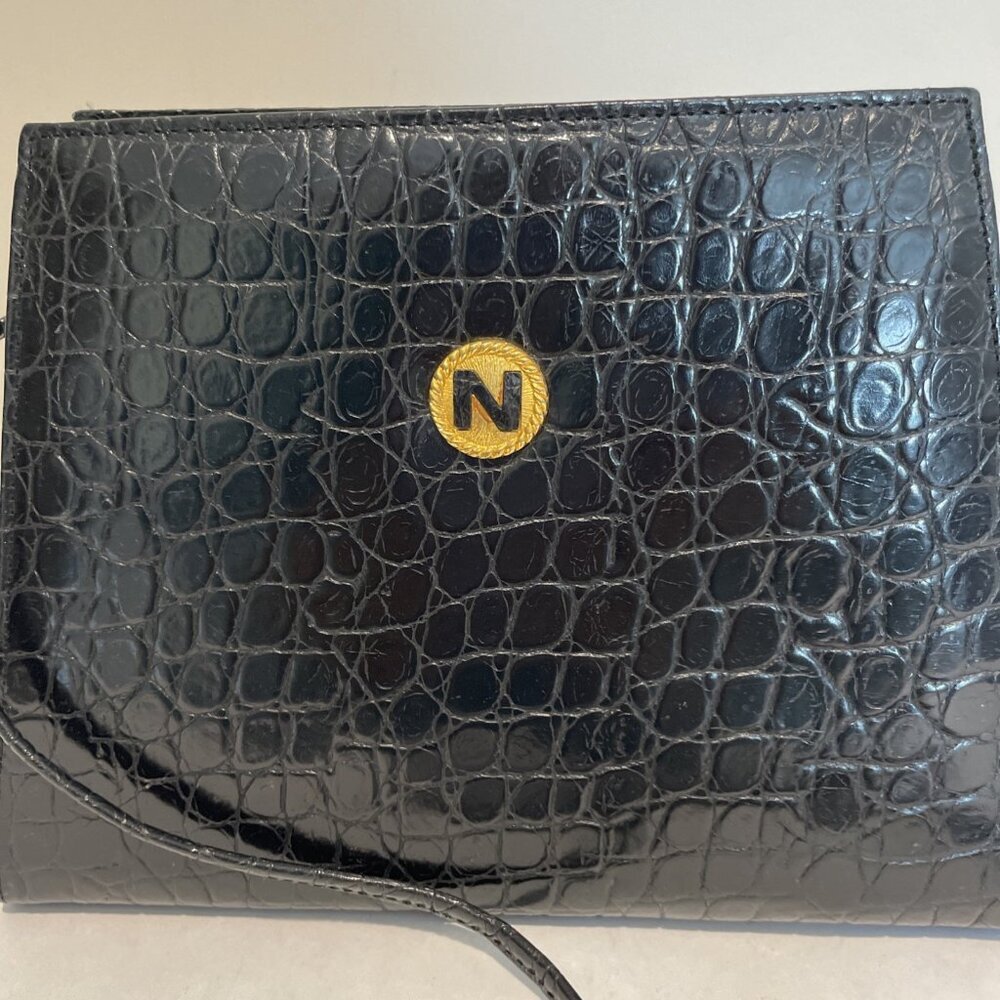 Vintage Albert Nipon Croc Embossed Leather Crossbody Bag Classic Old Money 80s - Picture 2 of 16